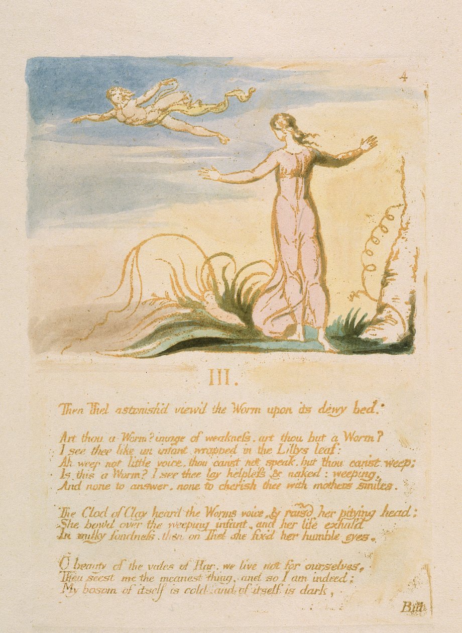 「Then Thel astonish&39;d ...」、「The Book of Thel」のプレート6、1789年（レリーフエッチングは茶色とwcで印刷） 作： ウィリアム・ブレイク