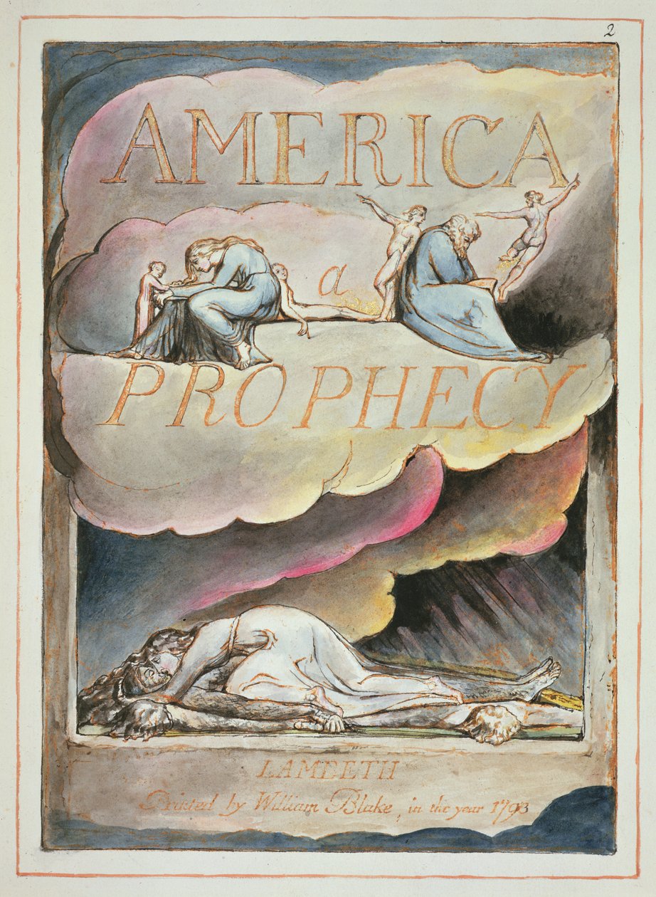 アメリカへのタイトルページ、予言、1793（レリーフエッチング＆紙のトイレ） 作： ウィリアム・ブレイク