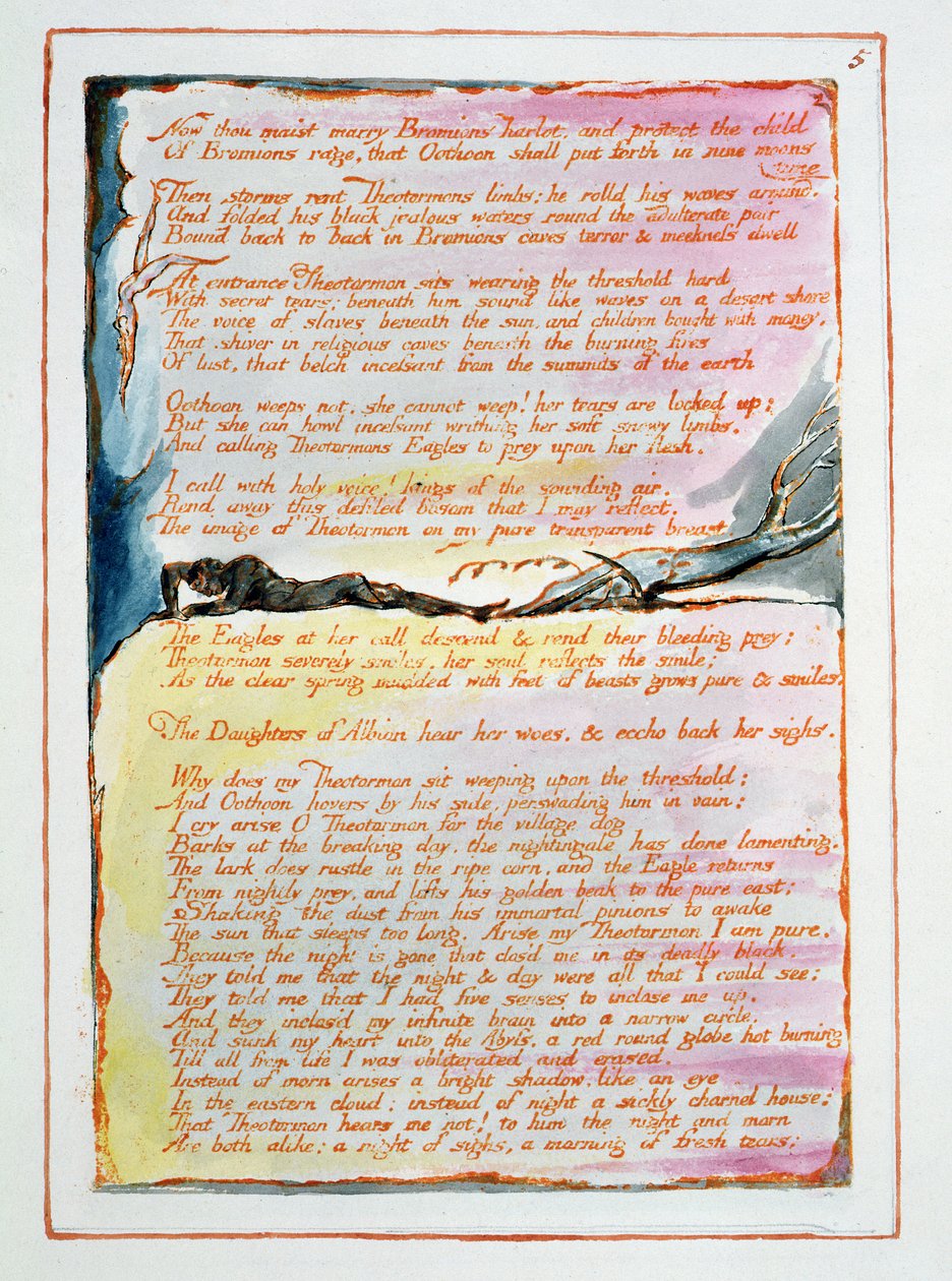 1793年に設計されたアルビオンの娘たちのビジョン「Now Thou Maist Marry Bromions Harlot ..」、プレート5、c.1815完成（紙にペンとトイレでレリーフエッチング） 作： ウィリアム・ブレイク