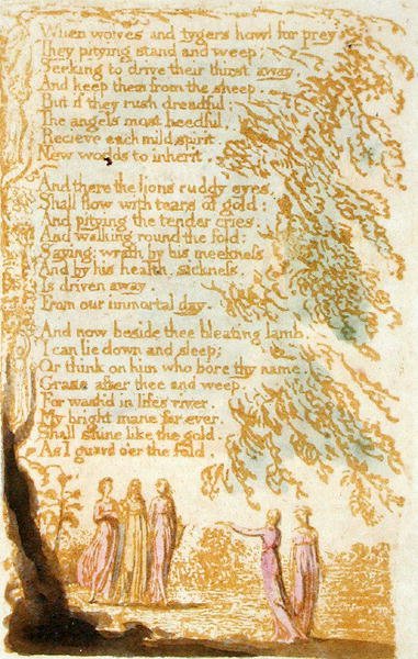 Wolves and Tygers Howl ...、Songs of Innocence、1789年のプレート17（紙にトイレでレリーフエッチング） 作： ウィリアム・ブレイク