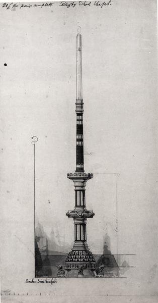 ろうそく足のデザイン、ラグビースクールチャペル、1870年頃（黒インク、鉛筆、トイレ） 作： ウィリアム・バターフィールド