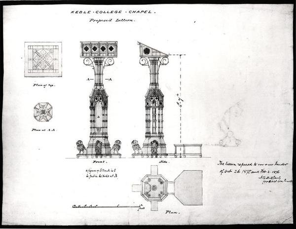 レクターンのデザイン、ケブルカレッジチャペル、オックスフォード、1875-76年（黒インク、鉛筆、水彩） 作： ウィリアム・バターフィールド