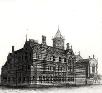 新しい学校、ラグビー-北西からの眺め、1867-84（水彩紙と鉛筆） 作： ウィリアム・バターフィールド