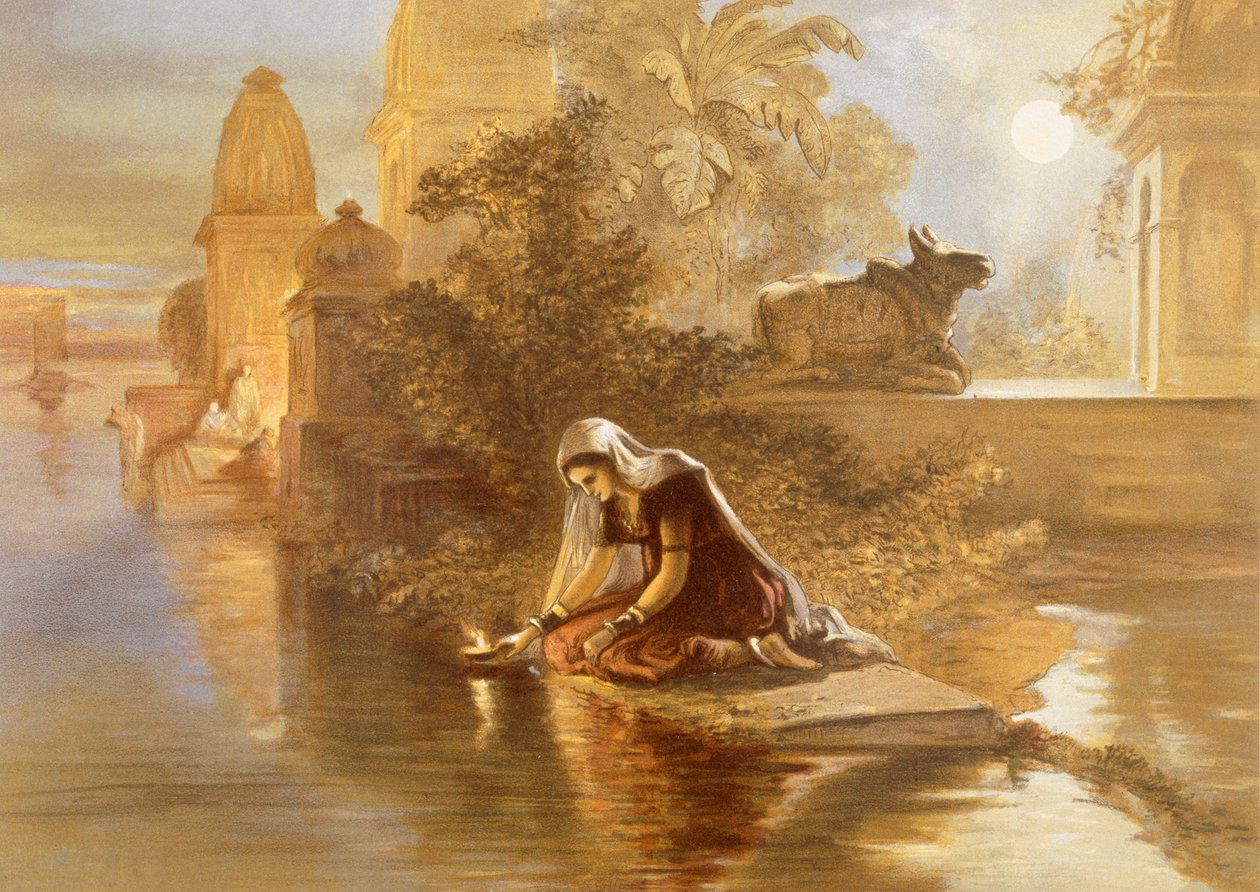 ガンジス川に浮かぶインドの女性のランプ、「インドの古代と現代」、1867年 作： ウィリアムクリミアシンプソン