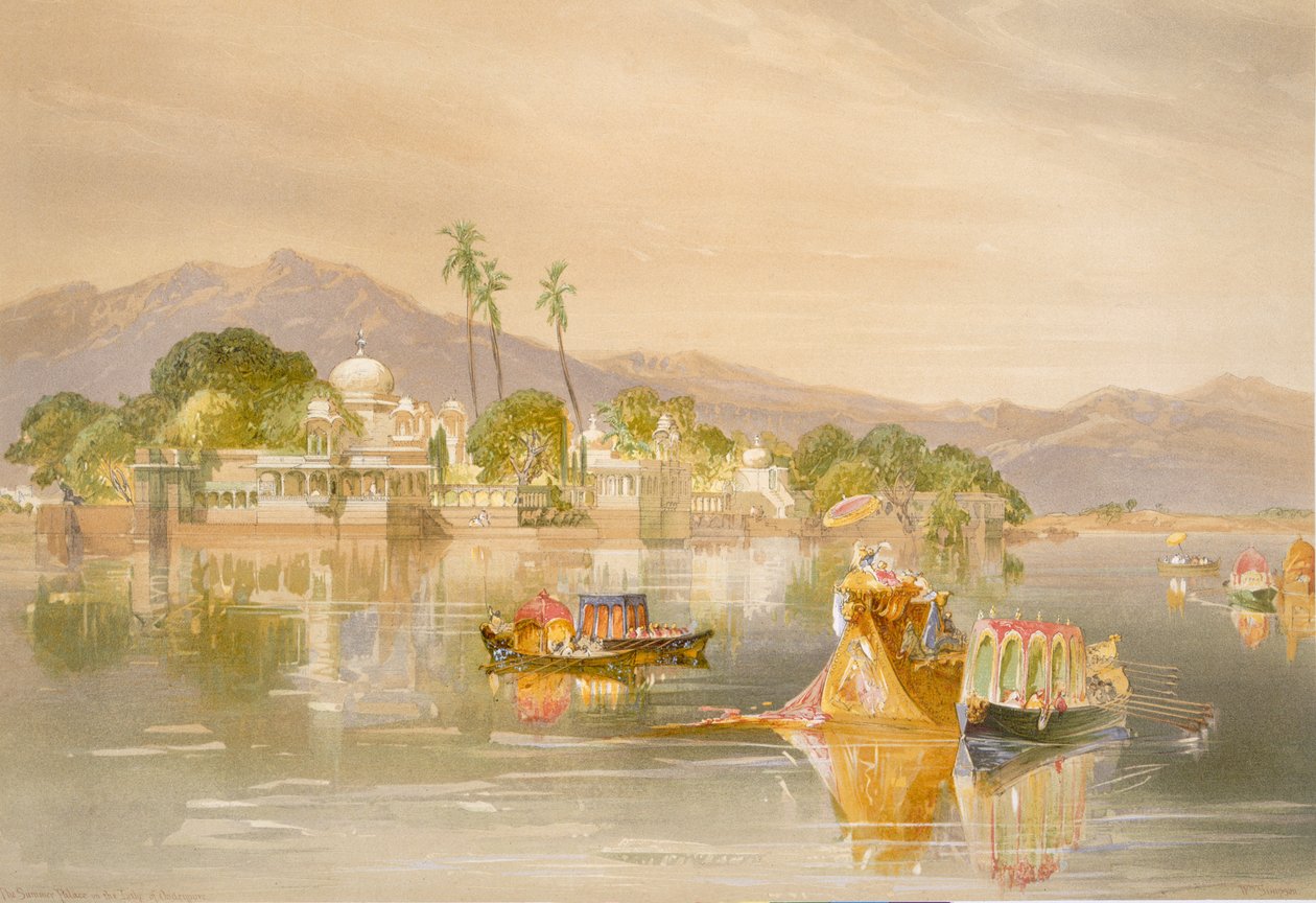 1867年の「インドの古代と現代」からのジャグムンダ宮殿、ウーディピュア 作： ウィリアムクリミアシンプソン