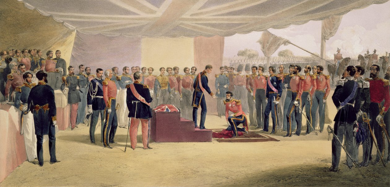 「バスの騎士団の叙任」、パブ「東の戦争の席」からのプレート。ポール・ウント・ドミニク・コルナギウント社、1856年 作： ウィリアムクリミアシンプソン