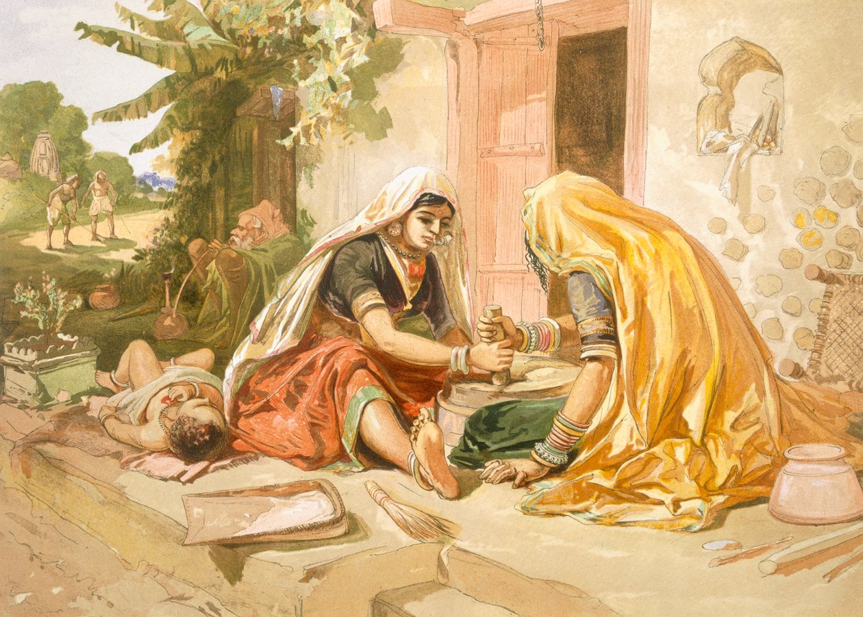 トウモロコシを挽く女性たち、「インドの古代と現代」、1867年 作： ウィリアムクリミアシンプソン