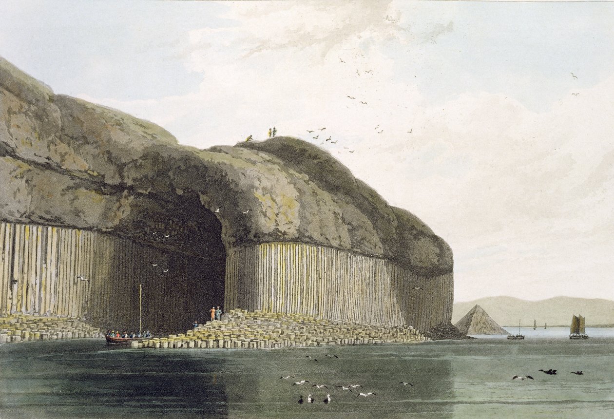 1817年に公開された「イギリスの周りの航海」からのフィンガルの洞窟、スタッファへの入り口 作： ウィリアム・ダニエル