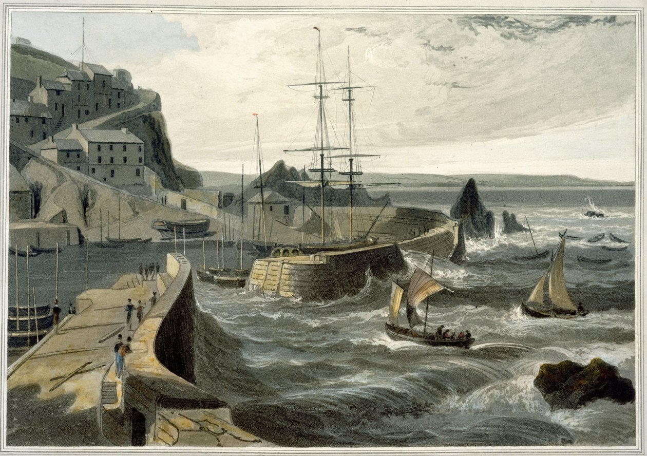 「1814年から1825年の間にイギリスで行われた航海」の第VIII巻から1825年に発行されたコーンウォールのミヴァギッセイ、1825年発行（アクアチント） 作： ウィリアム・ダニエル