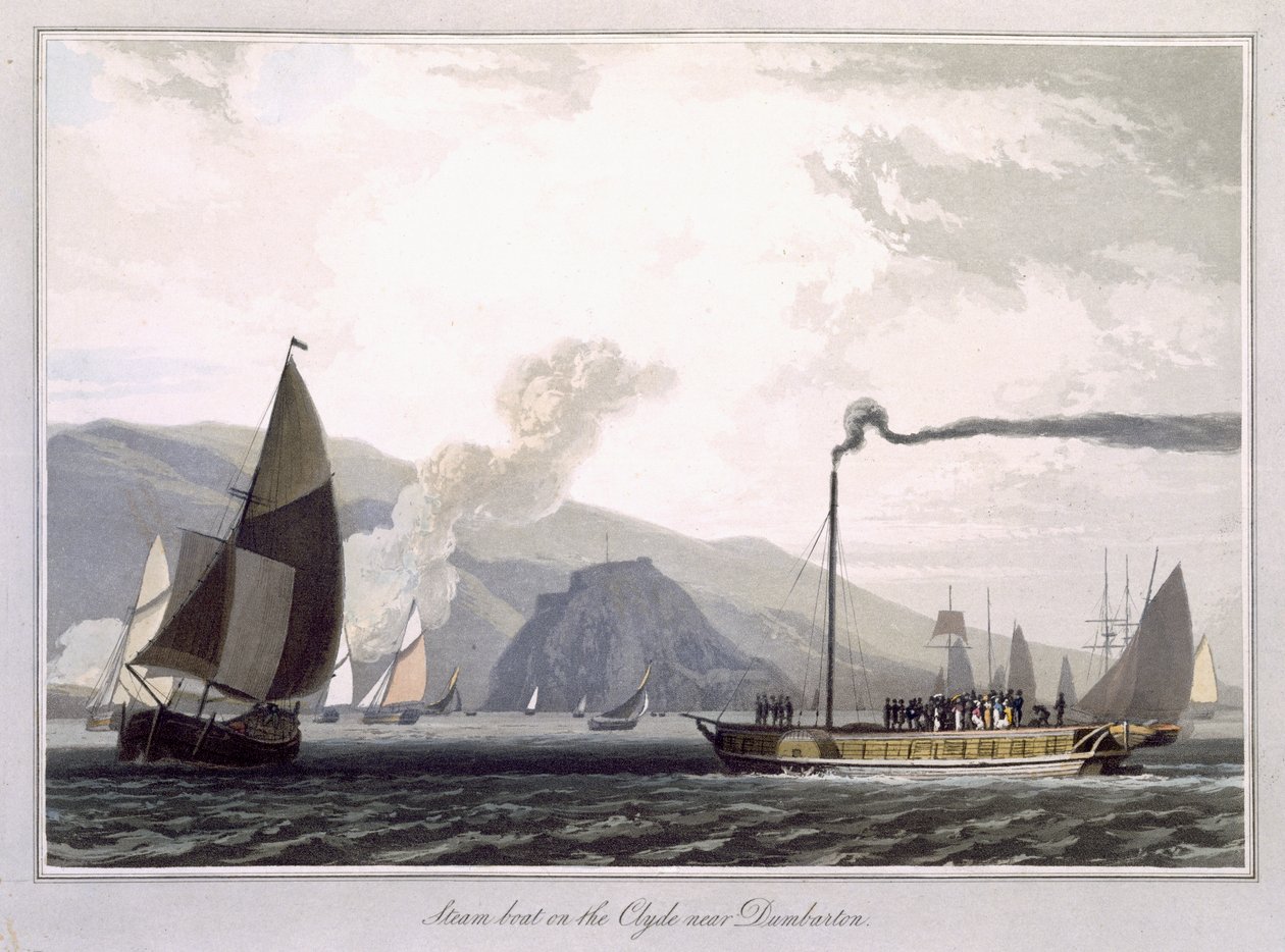 ダンバートン近くのクライドの蒸気船、「1814年から1825年の間にイギリスで行われた航海」から1829年に発行 作： ウィリアム・ダニエル