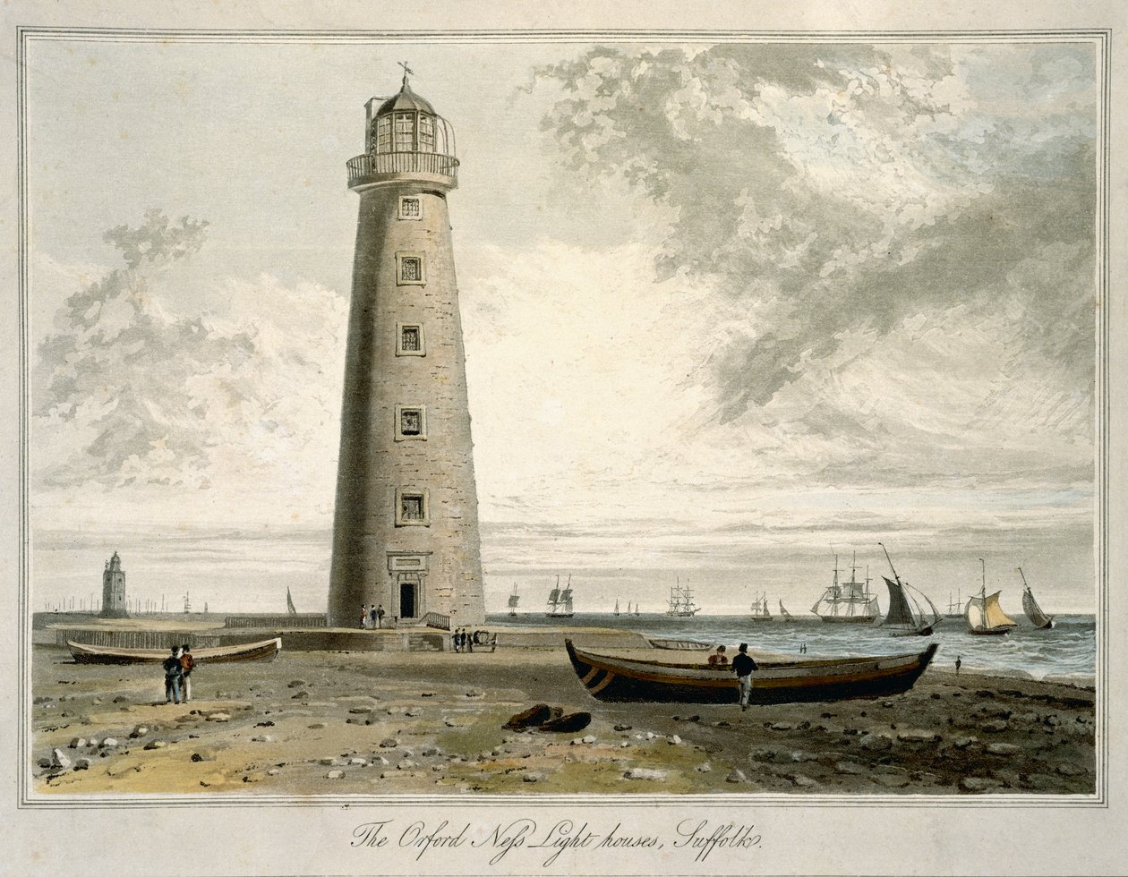 オーフォードネフス灯台、サフォーク、「1814年と1825年の間に行われたイギリスを巡る航海」の第VI巻から、1822年に公開（アクアチント） 作： ウィリアム・ダニエル