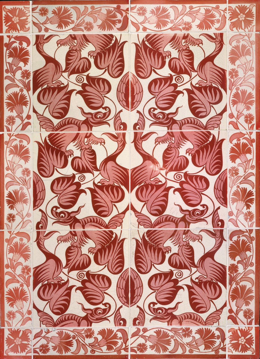 C.4-1941 Birds、Dragons and Foliageの繰り返しパターンのタイルパネル、c.1882-88（光沢釉薬の陶器） 作： ウィリアム・ド・モーガン