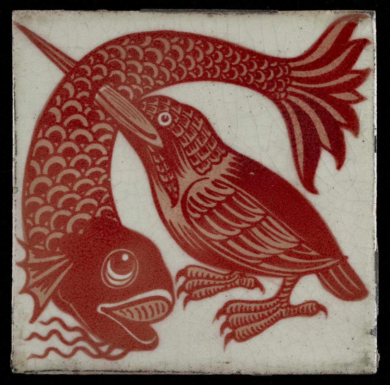 カワセミとくちばしの魚のタイル、1882-88（赤と白の光沢） 作： ウィリアム・ド・モーガン