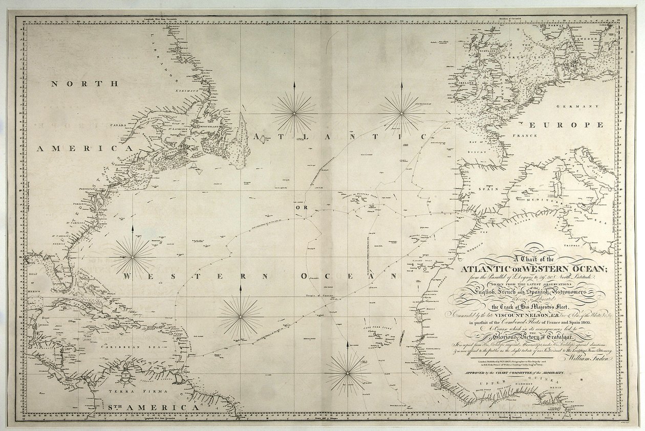 大西洋または西洋の海図、ネルソン艦隊の航跡、1805年5月12日〜1805年8月15日 作： ウィリアム・フェーデン