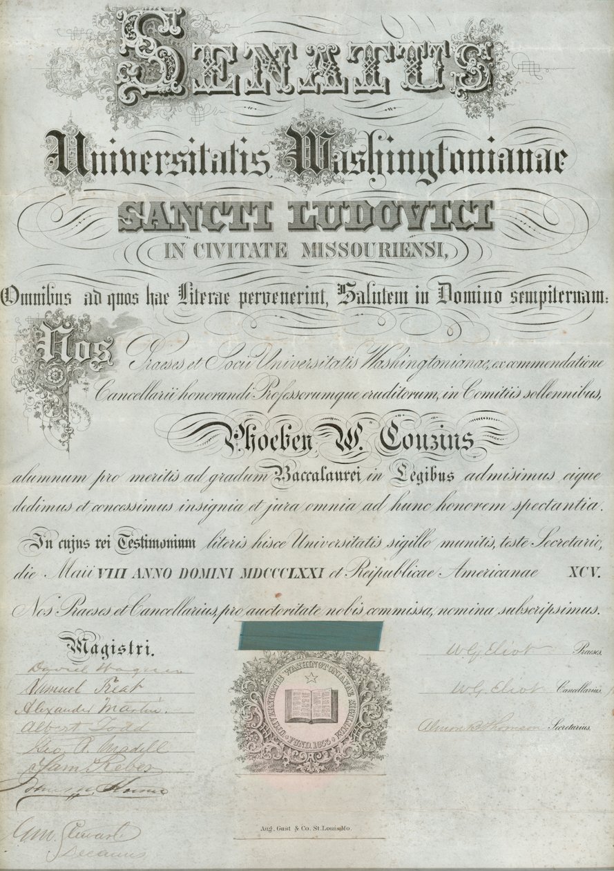 1871年5月8日、ワシントン大学のフィービー・クーザンズ卒業証書、WGエリオット大統領らと署名 作： ウィリアム・グリーンリーフ・エリオット