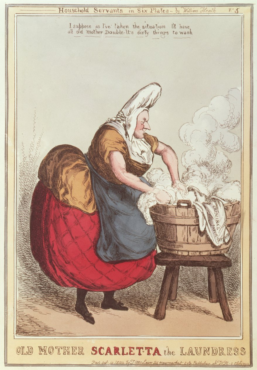 1829年に出版された世帯の召使いシリーズの第5番、スカーレッタthe Laundressの母 作： ウィリアム・ヒース