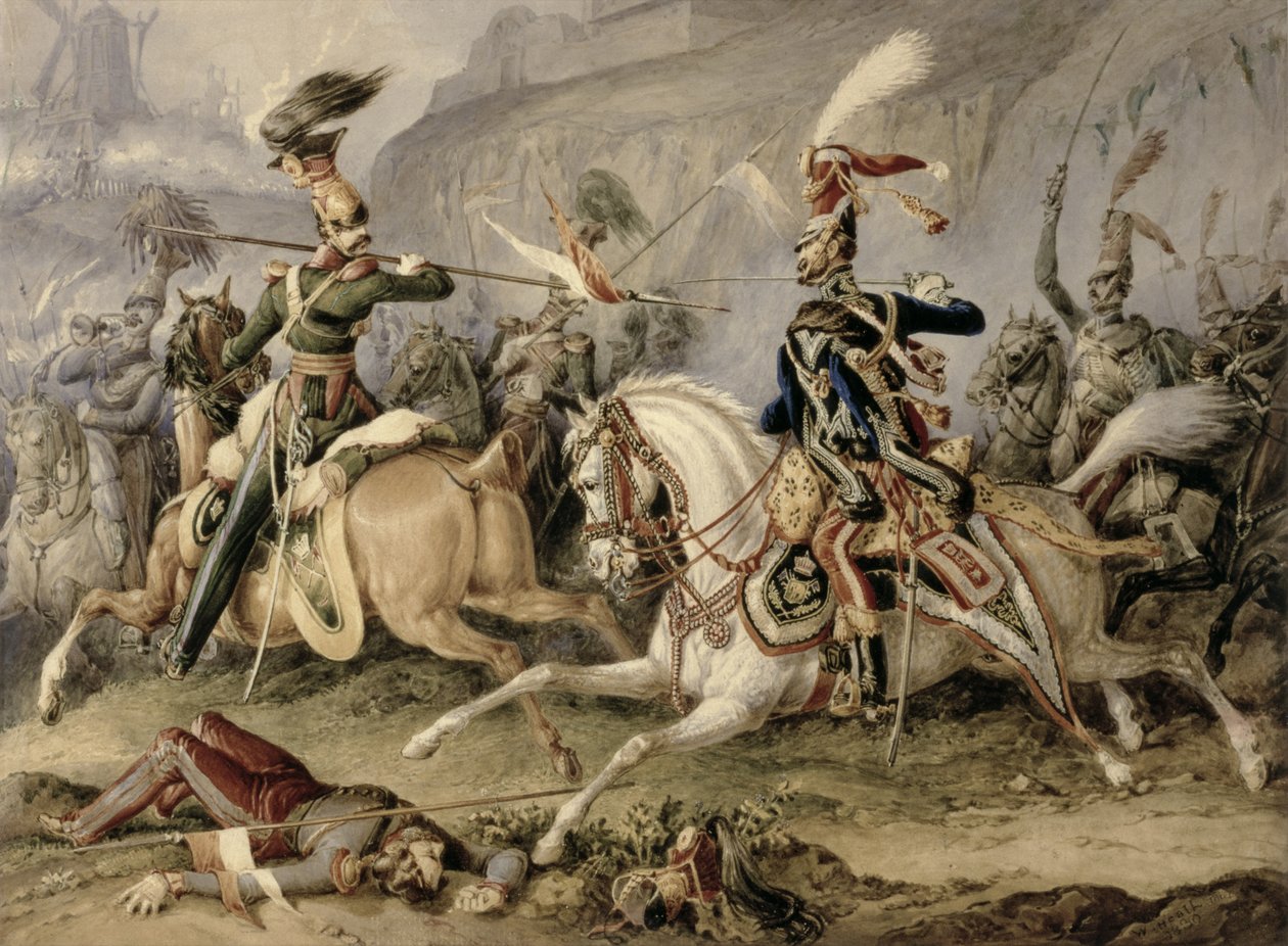 騎兵の戦い、1830年（紙にガッシュを塗った鉛筆の上のトイレ） 作： ウィリアム・ヒース