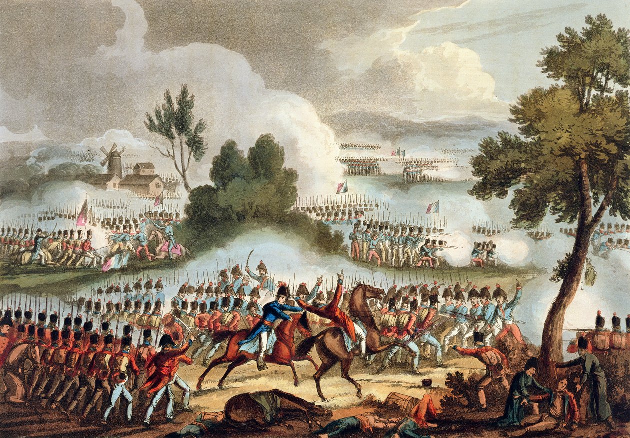 1815年6月18日、ワーテルローの戦いで活動中のイギリス軍の左翼「1799年から1815年のイギリスとその同盟国の武道の成果」、ジェームスジェンキンス作、トー 作： ウィリアム・ヒース