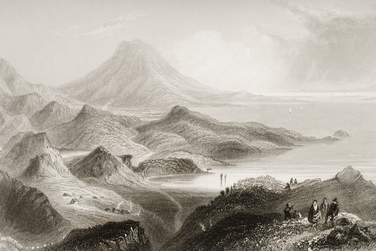 1860年代のジョージ・バーチュー著「アイルランドの風景と古代」からのコーン湖とネフィン山、アイルランド、メイヨー州 作： ウィリアム・ヘンリー・バートレット