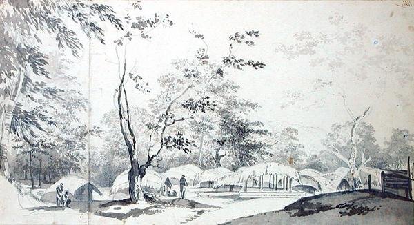 Baugelepoor（Bhagalpur）地区の丘の村の眺め1783（2枚の紙片に灰色のウォッシュとグラファイト） 作： ウィリアムホッジス