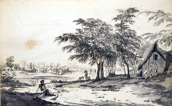 フォアグラウンドに座っている男のいるインディアンビレッジの眺め、1781年から833年まで（灰色のウォッシュ、ペン、黒のインク、敷き紙に黒鉛） 作： ウィリアムホッジス