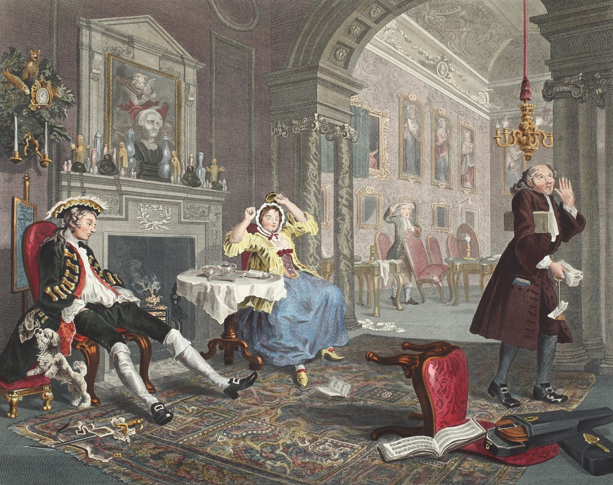Marlaage a la Mode、Plate II、The Tete a Tete、「Hogarth Restored：The Whole Works of the Celebrated William Hogarth、re-engraved by Thomas Cook」のイラスト、パブ。 1812（手塗りの彫刻） 作： ウィリアム・ホガース