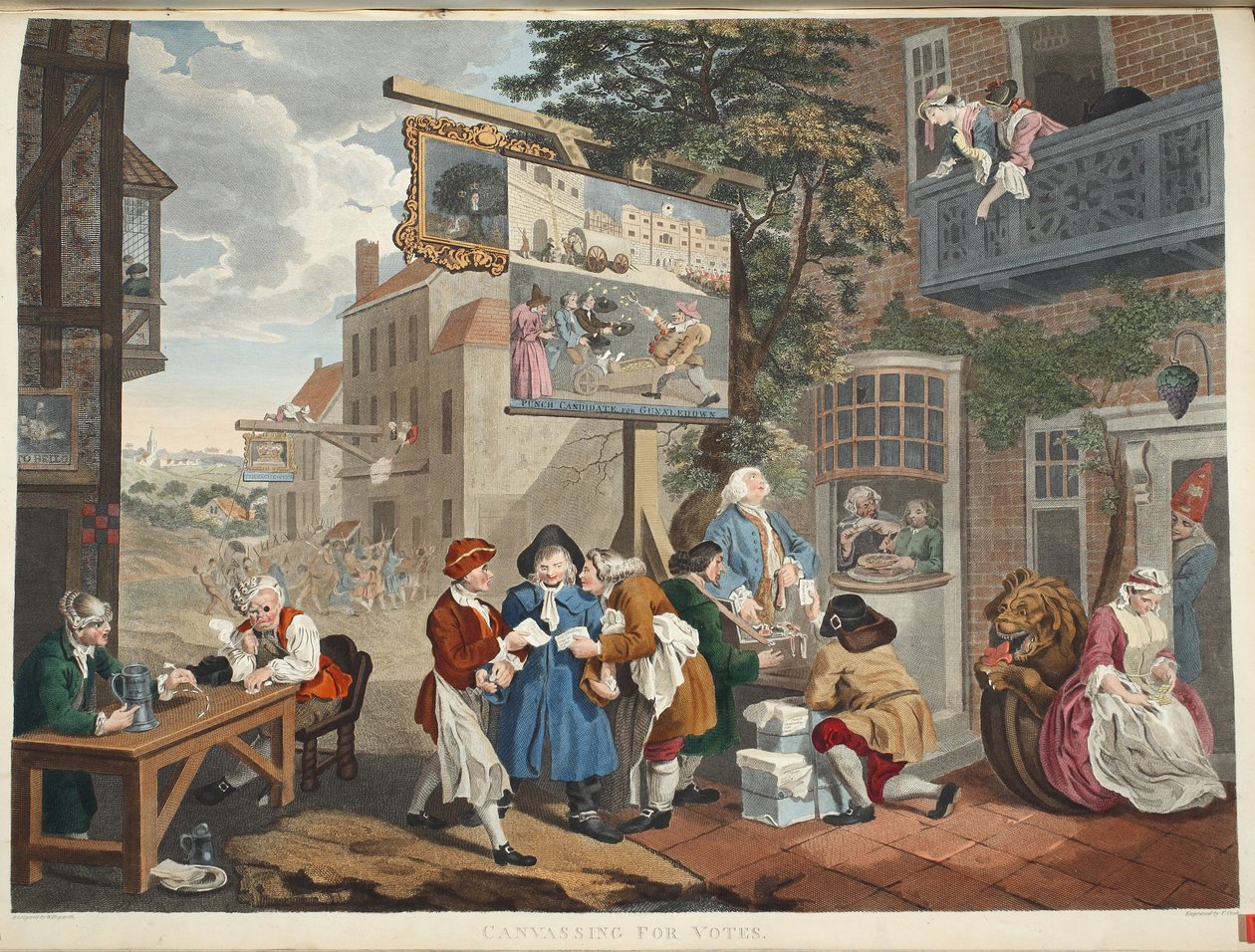 The Election II：Canvassing for votes、illustration from &39;Hogarth Restored：The Whole Works of the有名なWilliam Hogarth、re-engraved by Thomas Cook&39;、pub 1812（手塗りの彫刻） 作： ウィリアム・ホガース