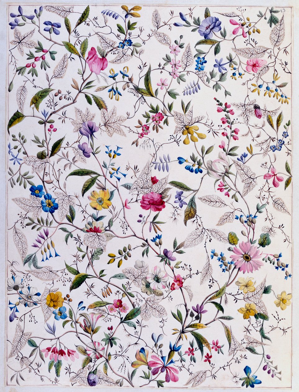 テキスタイルデザイン、c.1788-92（紙にトイレ） 作： ウィリアム・キルバーン