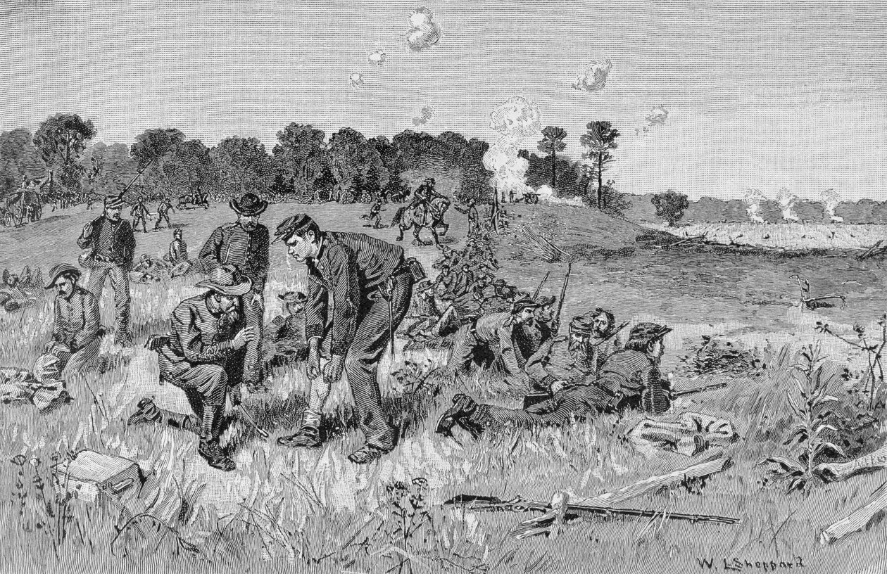荒野での南軍の列待機命令、「南北戦争の戦いと指導者」からのイラスト、ロバート・アンダーウッド・ジョンソンとクラレンス・クラウ・ブエル編集 作： ウィリアム・ラドロー・シェパード