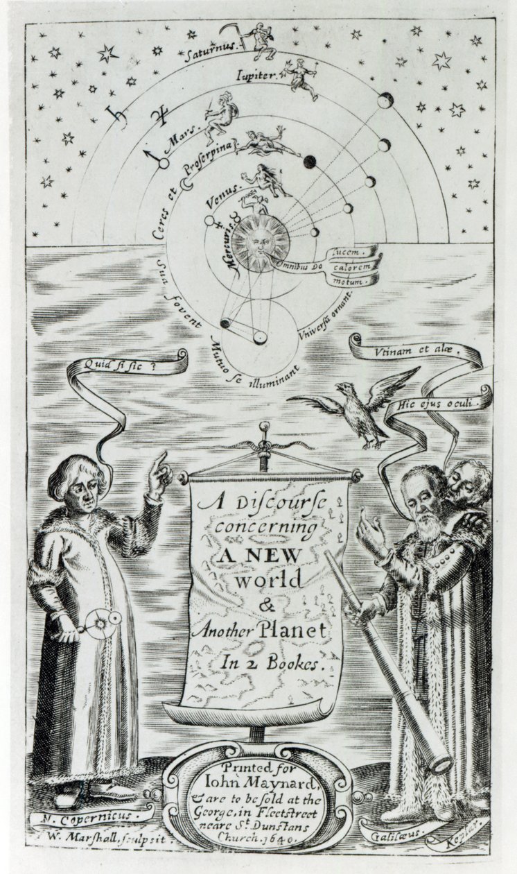 1640年に出版されたジョンウィルキンスによる「新世界と別の惑星に関する談話」の口絵 作： ウィリアム・マーシャル