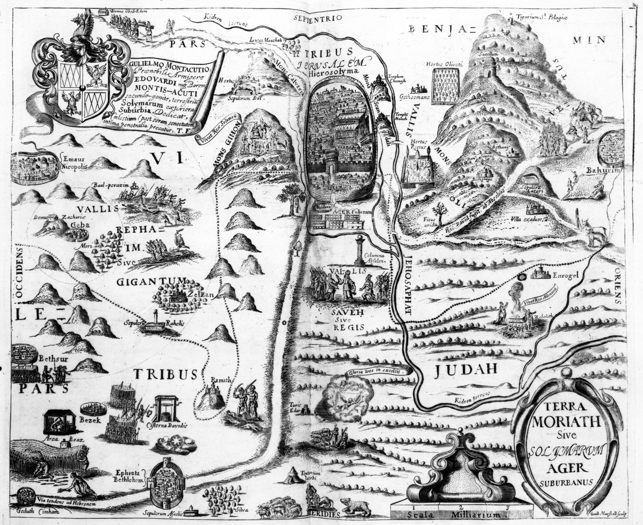 トーマスフラー作「パレスチナのピスガの光景」（1650年）によるイスラエルの地図 作： ウィリアム・マーシャル