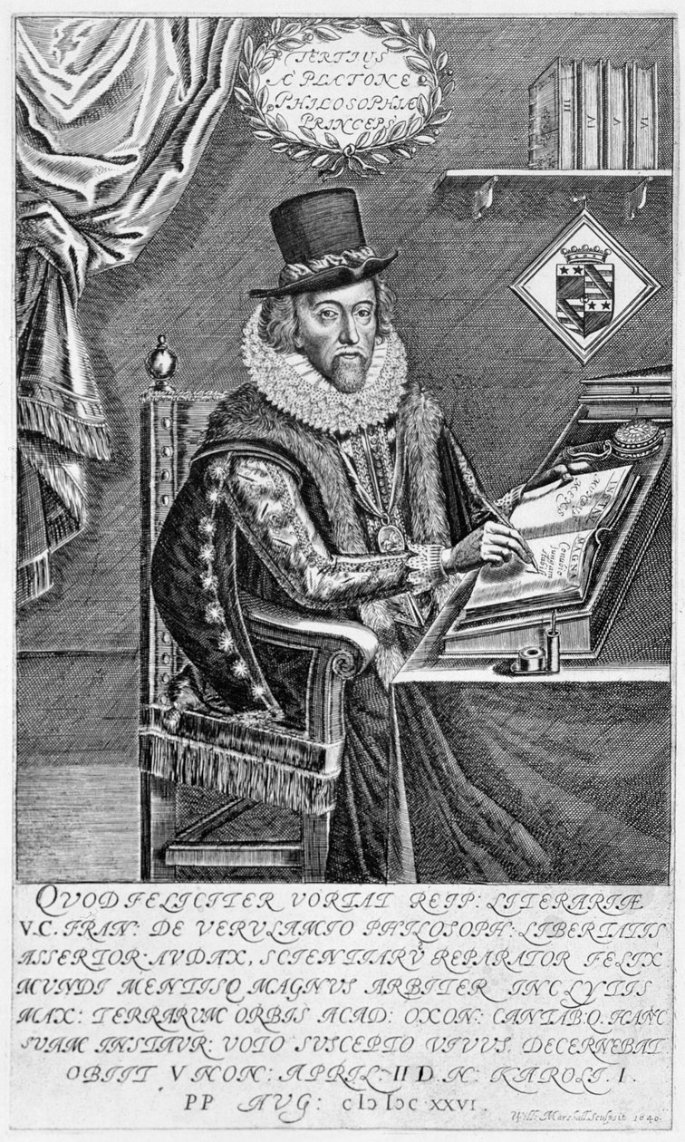 フランシス・ベーコンの肖像（1561-1626）セント・オールバンズの子爵、彼の机で執筆、1640 作： ウィリアム・マーシャル