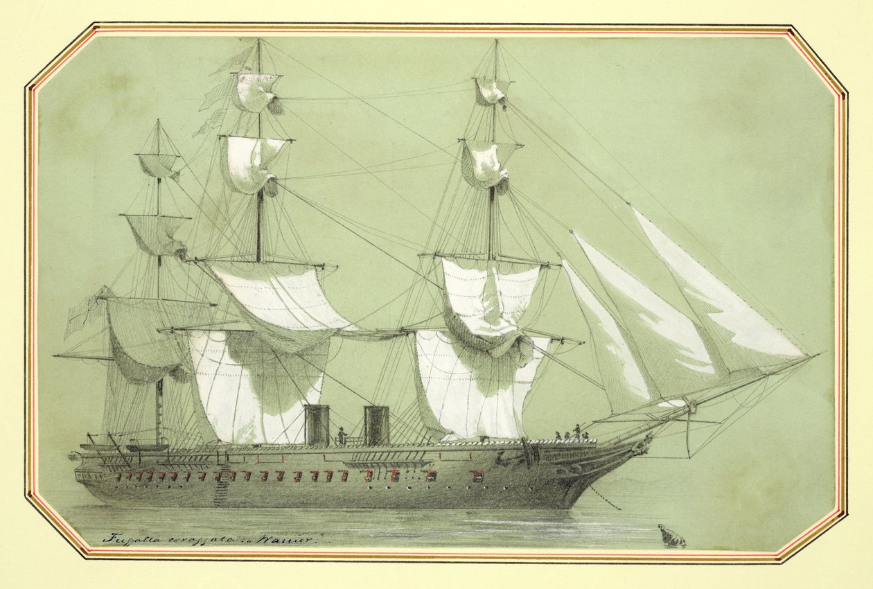 1859年に政府から、1861年までに海上で就役した最初のイギリスの鉄軍艦である「戦士」（鉛筆で白くしたもの） 作： ウィリアム・マッコネル