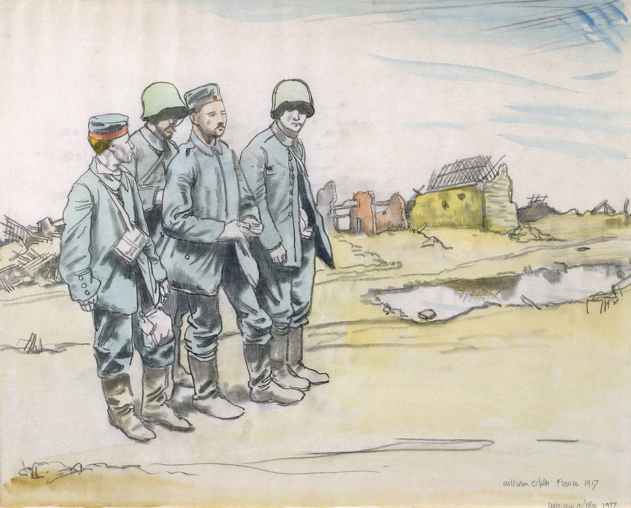 1917年のフランスの村の4人のドイツ人囚人（紙に木炭とトイレ） 作： ウィリアム・オーペン