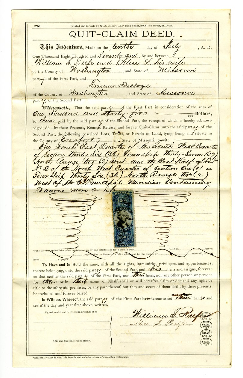 1871年7月10日、ワシントン郡のウィリアムS.リーフとアリスL.リーフに署名した証書を取りやめる 作： ウィリアム・S・リーフ