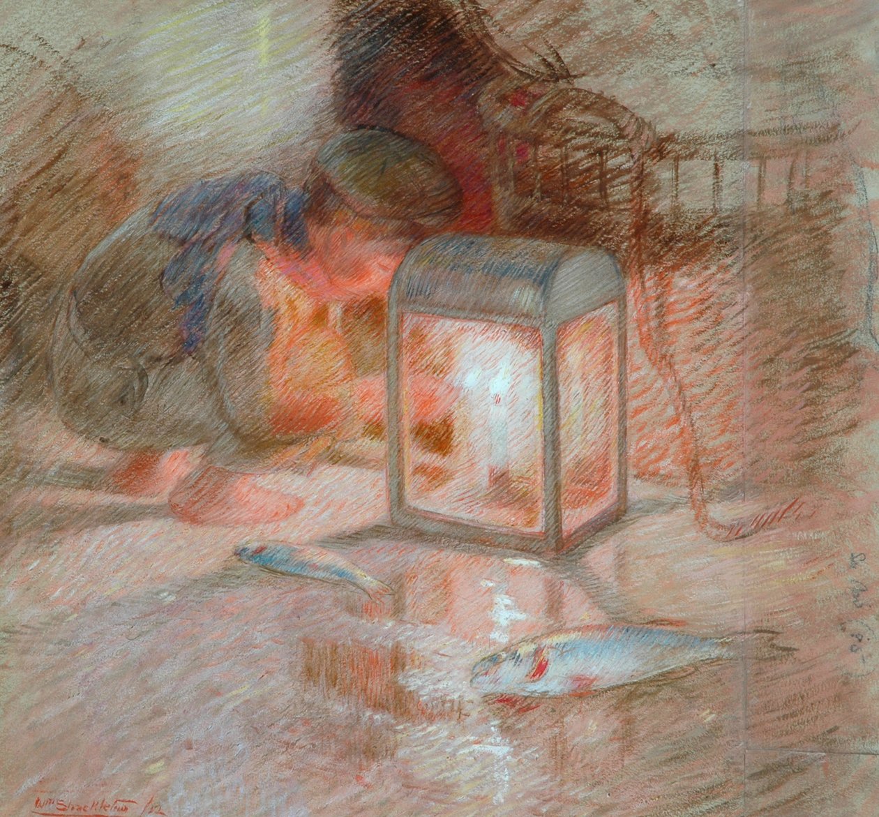 Boy with Lantern（ &39;The Mackerel Nets&39;のための研究）、1912（紙に油彩） 作： ウィリアム・シャクルトン