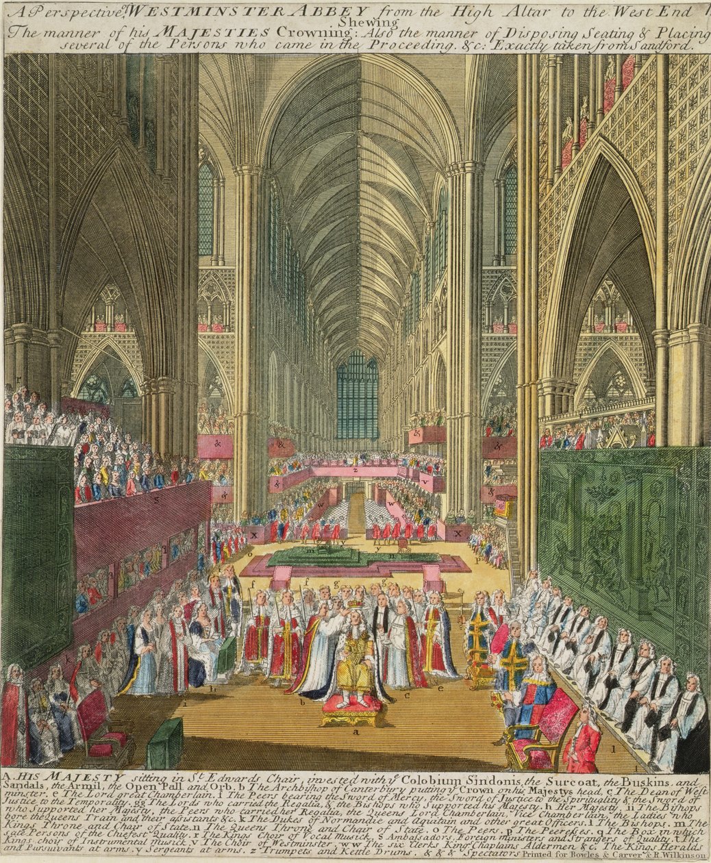 ジェームズ2世の戴冠式（1633-1701）、フランシスサンドフォードの記念本、最初に出版された1697（カラー彫刻） 作： ウィリアム・シャーウィン