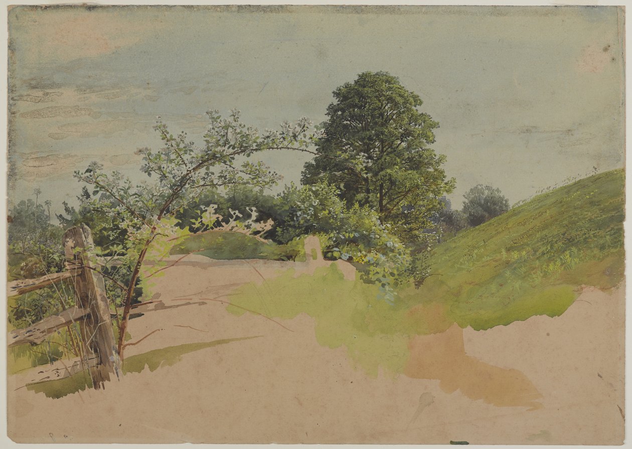 フェンスのある風景、1870〜1880年代（織り紙のグラファイトの上に透明および不透明なトイレ） 作： ウィリアム・トロスト・リチャーズ