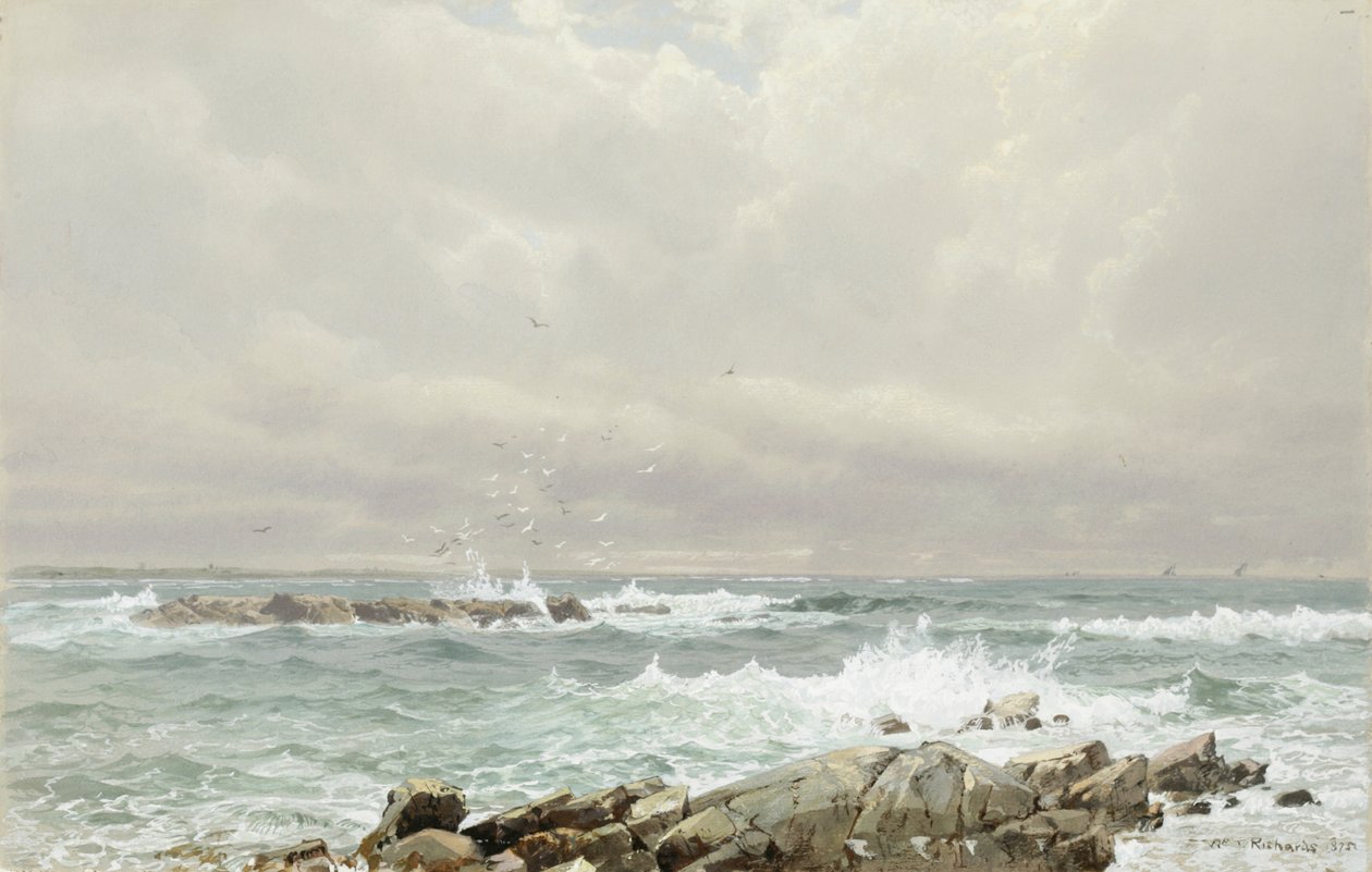 海景、1875年（クリーム色の織り紙にトイレとガッシュ） 作： ウィリアム・トロスト・リチャーズ