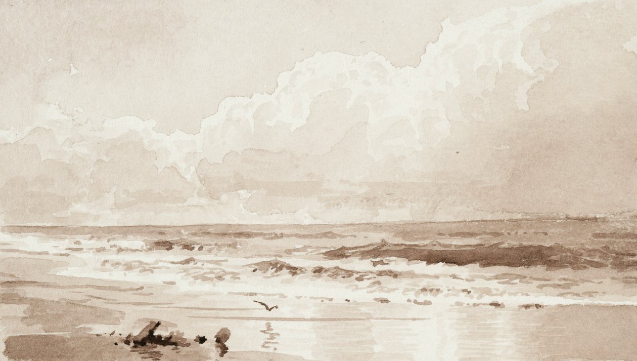 鳥と海の風景（紙に洗う） 作： ウィリアム・トロスト・リチャーズ