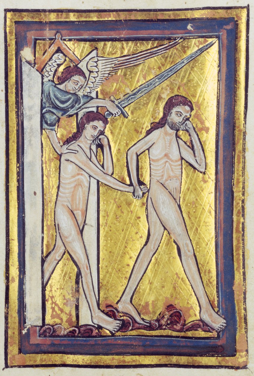 アダムとイブはパラダイスから、聖書の絵の本、c.1250から追放された 作： ウィリアム・ド・ブレイルズ