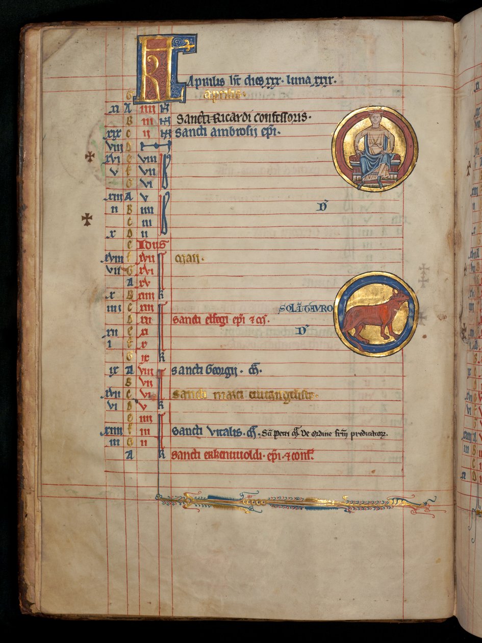 Ms 322 f.2v、4月、2つの花を持った着席の男性、「De Brailes Psalter」のイラスト、c.1250 作： ウィリアム・ド・ブレイルズ