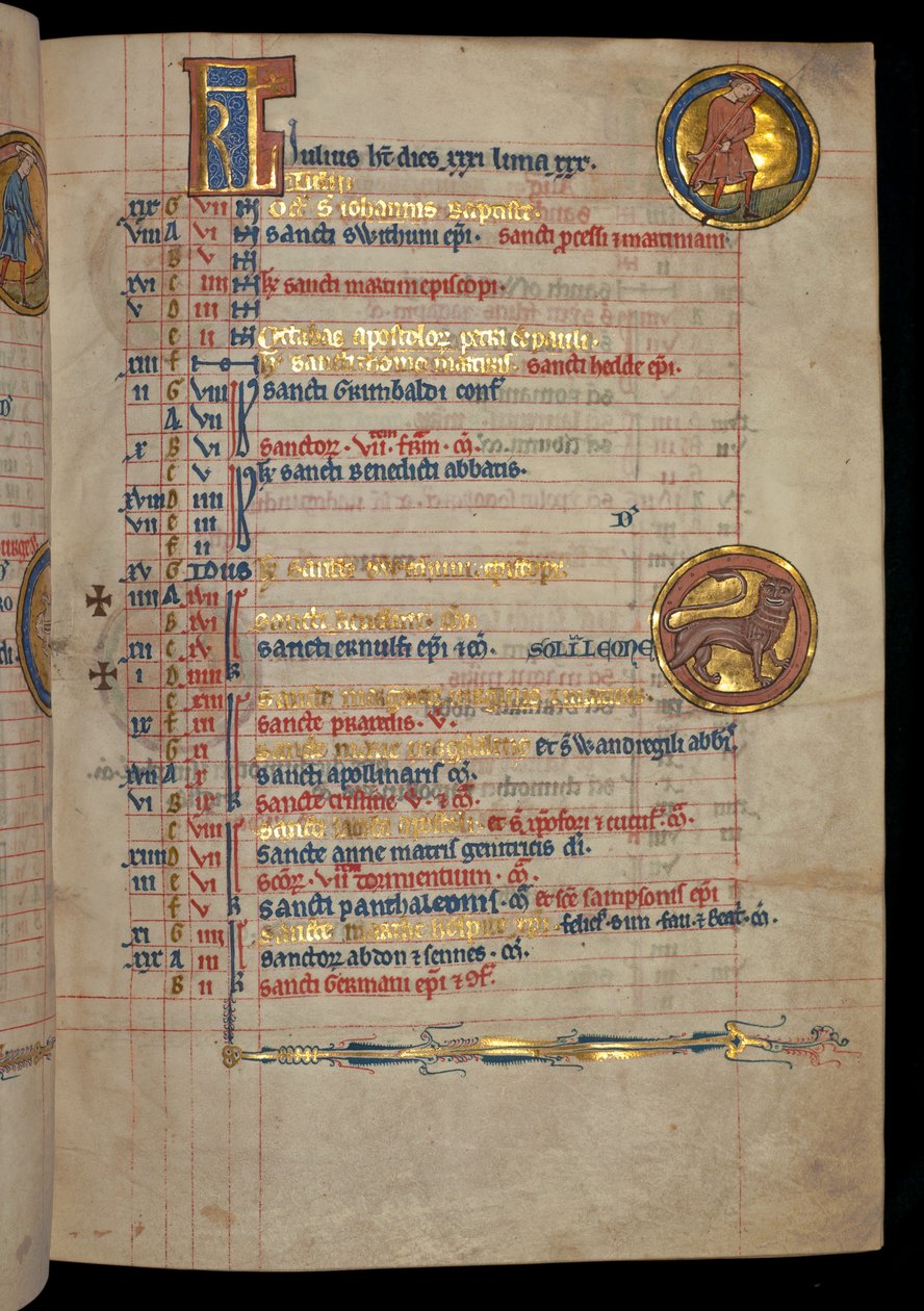 Ms 322 f.4r、7月、男の鎌、「De Brailes Psalter」のイラスト、c.1250 作： ウィリアム・ド・ブレイルズ