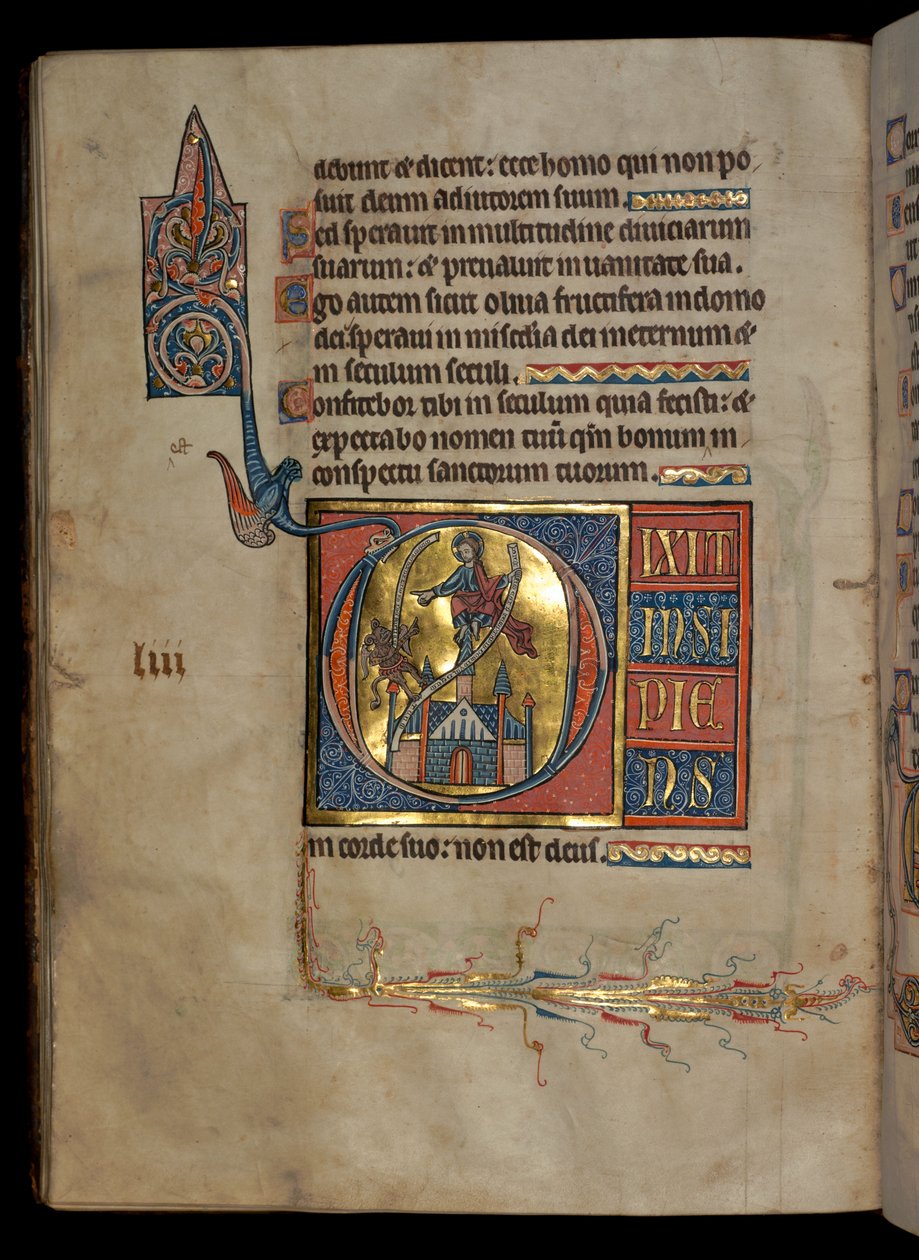 Ms 322 f.54v、Psalm 52、頭文字D、キリストの誘惑、「De Brailes Psalter」のイラスト、c.1250 作： ウィリアム・ド・ブレイルズ