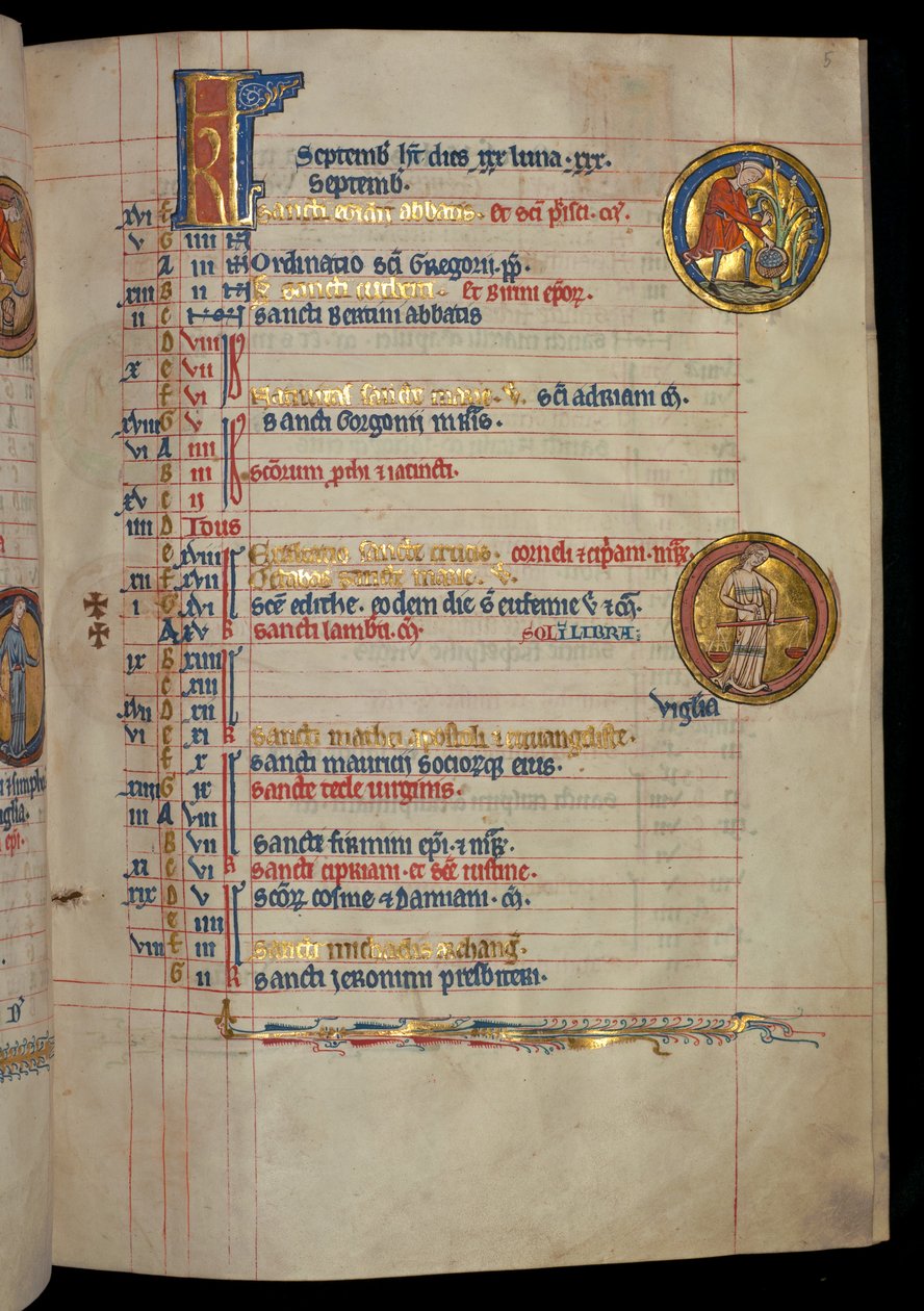 Ms 322 f.5r、9月、果物を摘む男、「De Brailes Psalter」のイラスト、c.1250 作： ウィリアム・ド・ブレイルズ