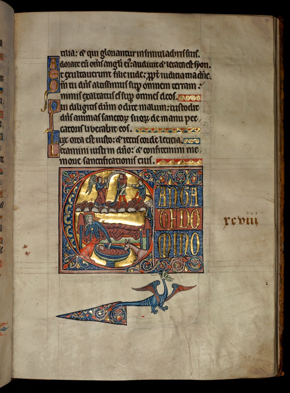 Ms 322 f.97r、Psalm 97、initial C、Annunciation to the Shepherds、illustration of the &39;De Brailes Psalter&39;、c.1250 作： ウィリアム・ド・ブレイルズ