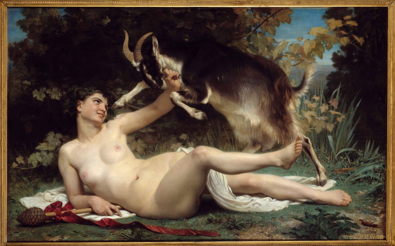 バカンテ 彼女はヤギと一緒に表現されています。ウィリアム・アドルフ・ブグロー（1825-1905）による絵画 1862年 日没1,15 X 1,85 m ボルドー、ボザール美術館（Musee des Beaux Arts 作： ウィリアム・アドルフ・ブーグロー