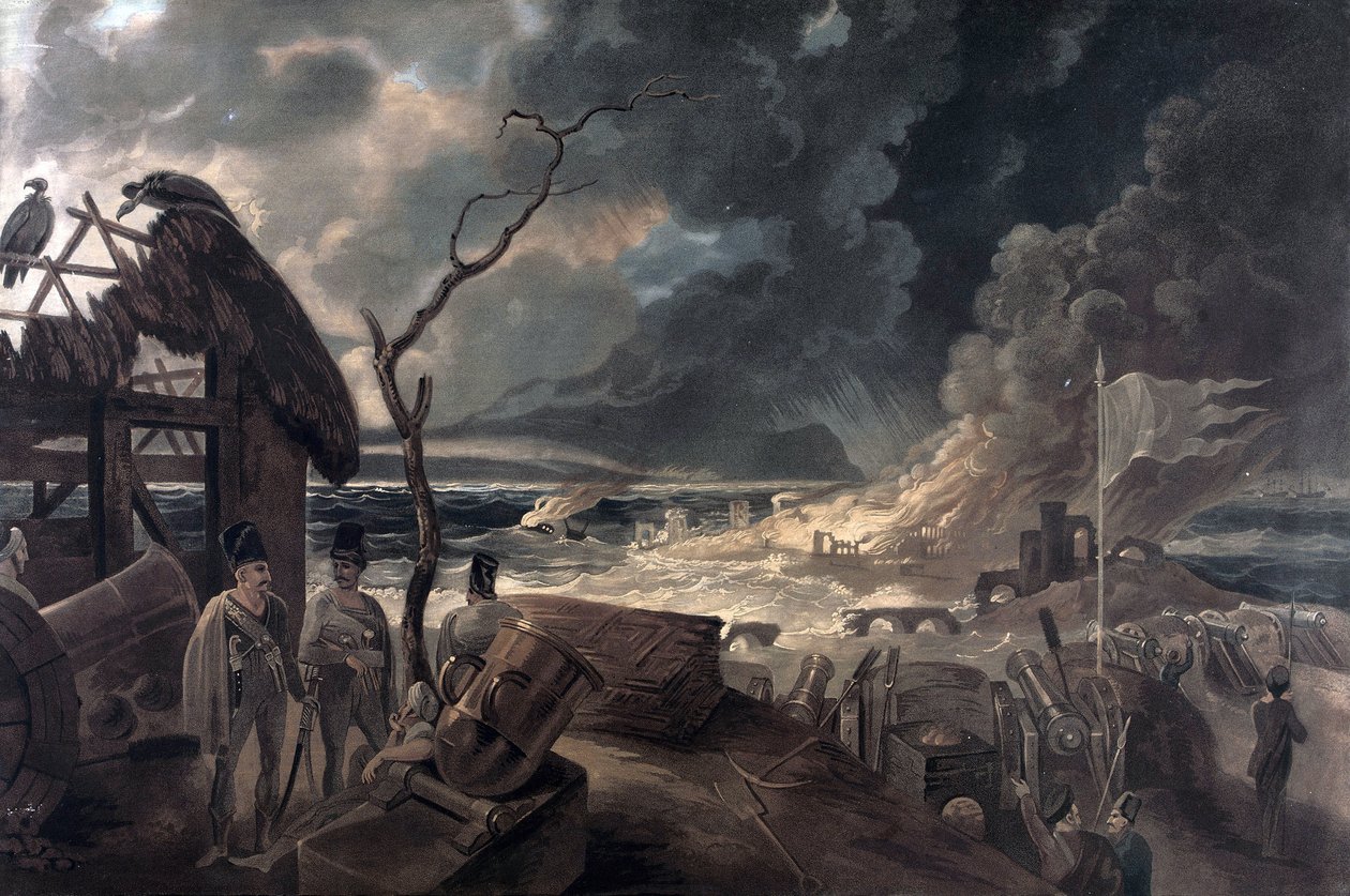 戦争の結果、兵士と大砲のある光景。ウィリアム・ホッジス（1744-1797）の絵画に基づくカラープリント。 作： ウィリアム（後）ホッジス