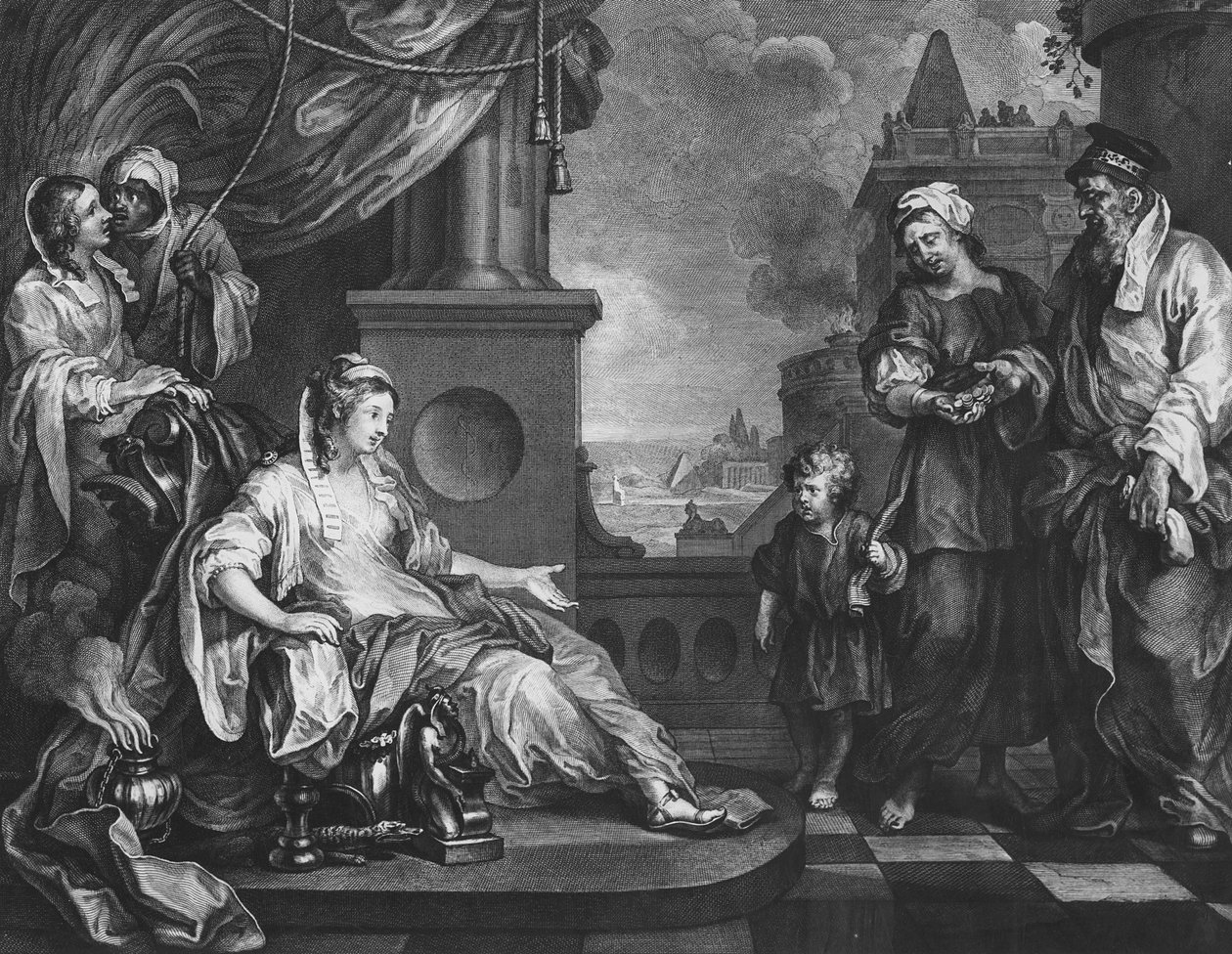 ファラオの娘に連れてこられたモーゼ、1752年頃（エングレーヴィング 作： ウィリアム（後）・ホガース