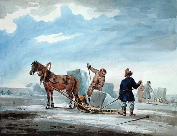 馬が引くソリで氷を運ぶ（「Journey from Moscow to Constantinople in Years」より 作： ウィリアム（後）マクミカエル